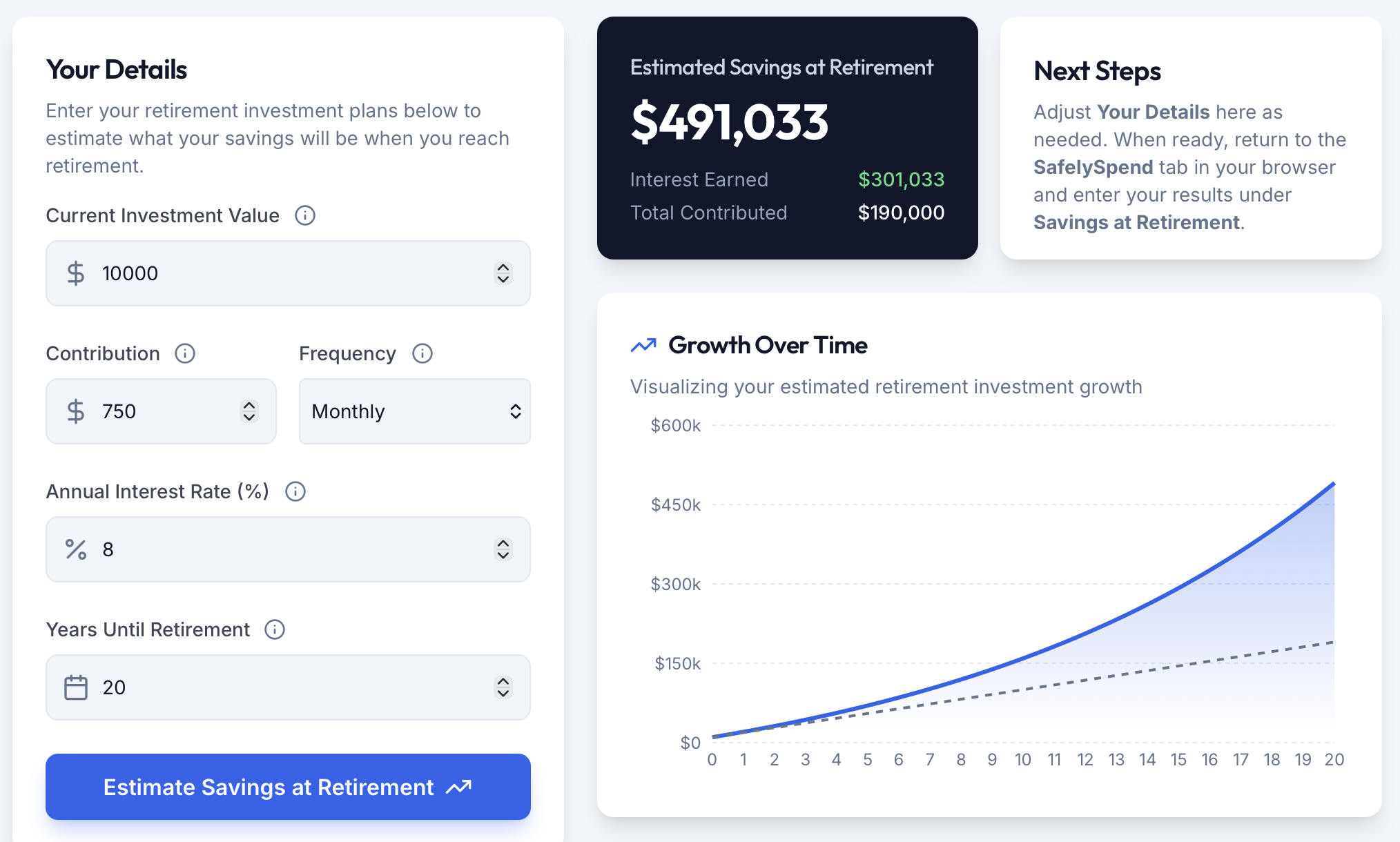 SafelySpend app showing new Retirment Savings Estimator feature for CAD customers