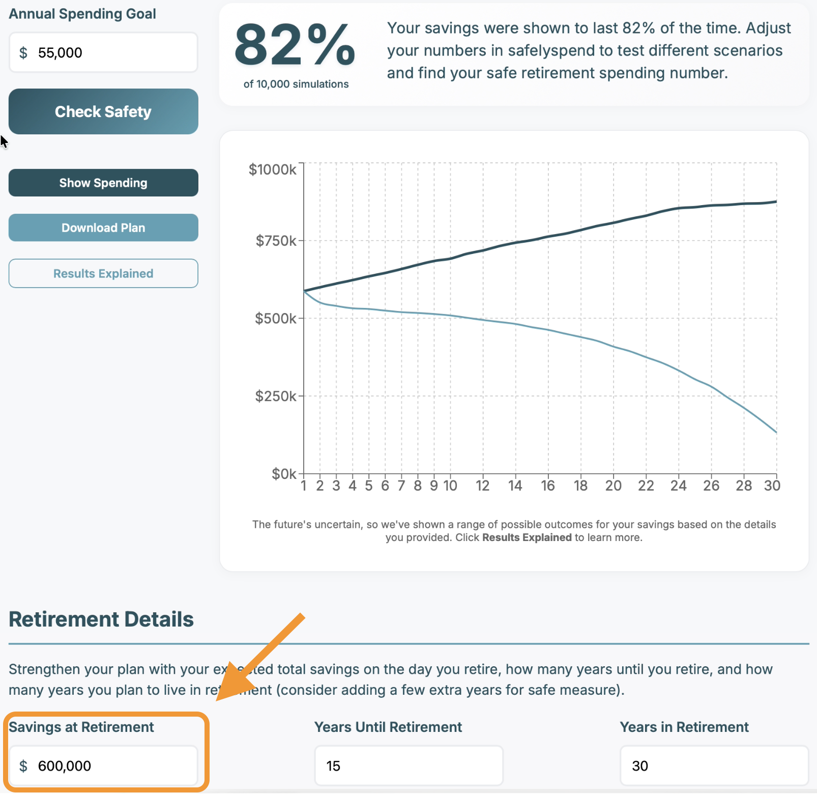 SafelySpend app showing safe withdrawals at $600k