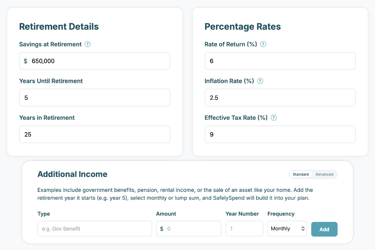Retirement details and percentage rate inputs in SafelySpend