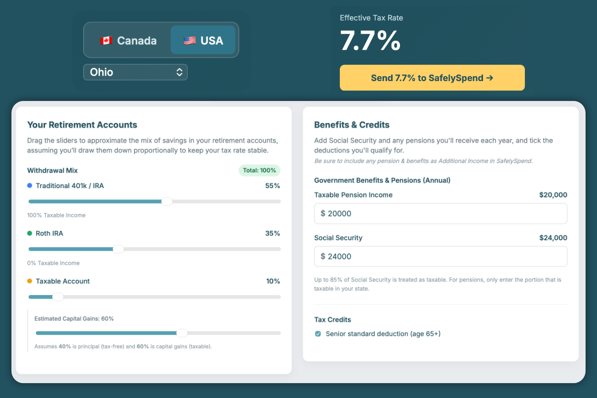 SafelySpend safe withdrawl mix and tax projections